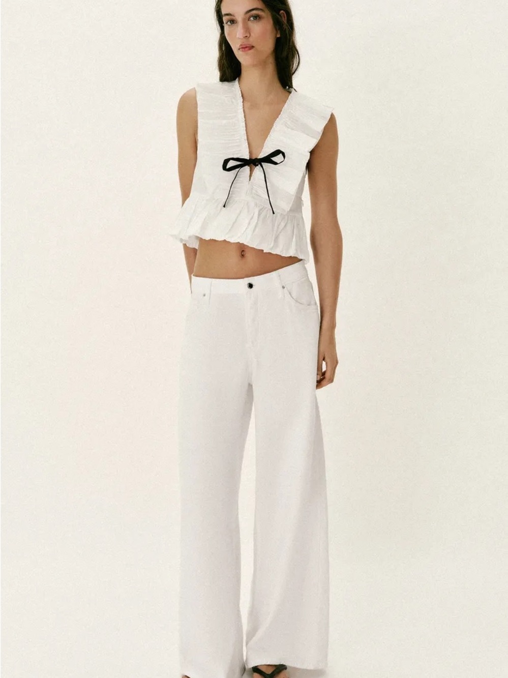 Zara White Ruffled Tie-Front Top Black Bow Coquette Size Small